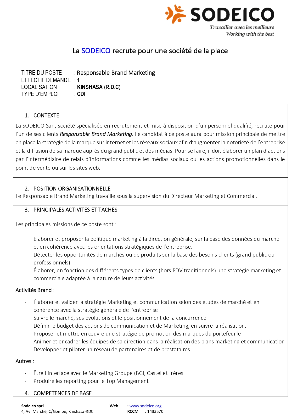 Offre d'emploi/Responsable Brand Marketing 