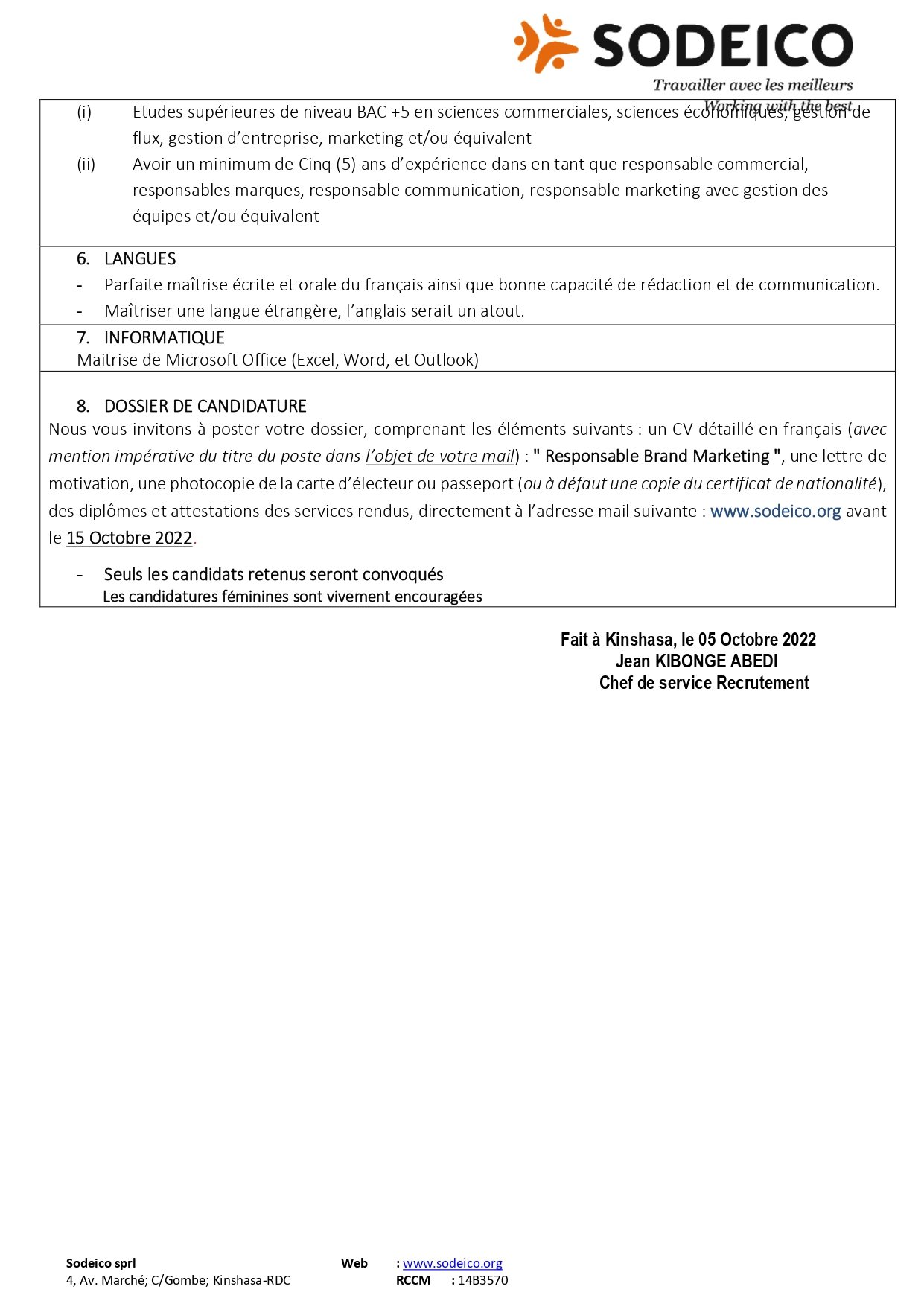 Offre d'emploi/Responsable Brand Marketing 